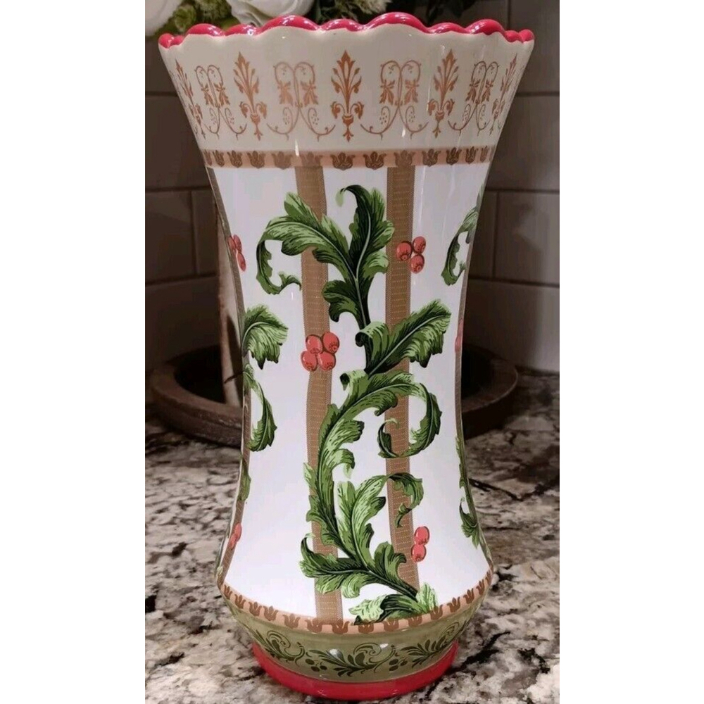Vintage Christmas Vase Holly Berry Green Red Gold Cream White Laura Ashley Home